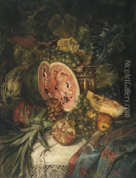 Still Life Of Watermelon, Grapes, Pomegrantes, Pineapple And Brass On A Lace Covered Ledge Oil Painting - Josef Fuka