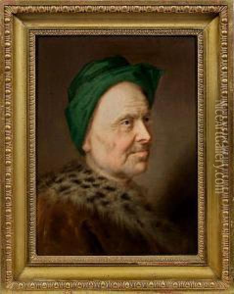 Brustportrait Einesalten Herren Mt Gruner Mutze Und Pelzmantel Oil Painting - Balthasar Denner