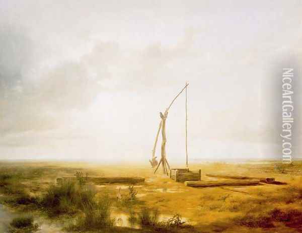 View of the Great Hungarian Plain with Draw Well 1853 Oil Painting - Karoly, the Elder Marko