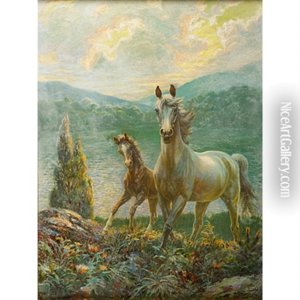 Landscape With Horses Oil Painting - Edward Herbert Miner