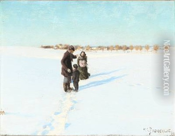 Family Walking In A Snowy Landscape Oil Painting - Hans Andersen Brendekilde