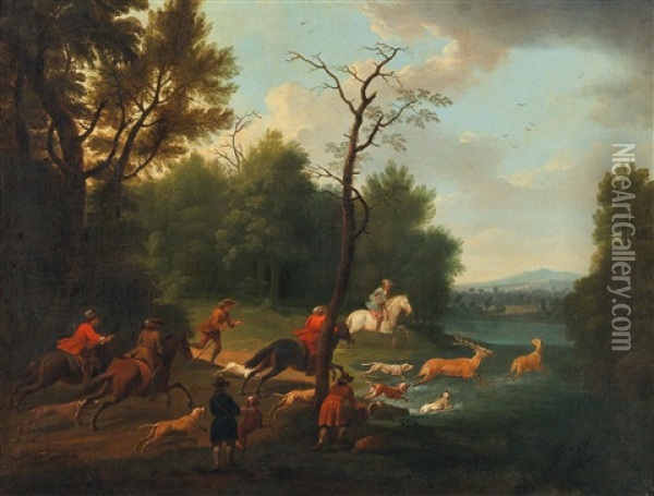 A Stag Hunt Oil Painting - Johann Georg de Hamilton