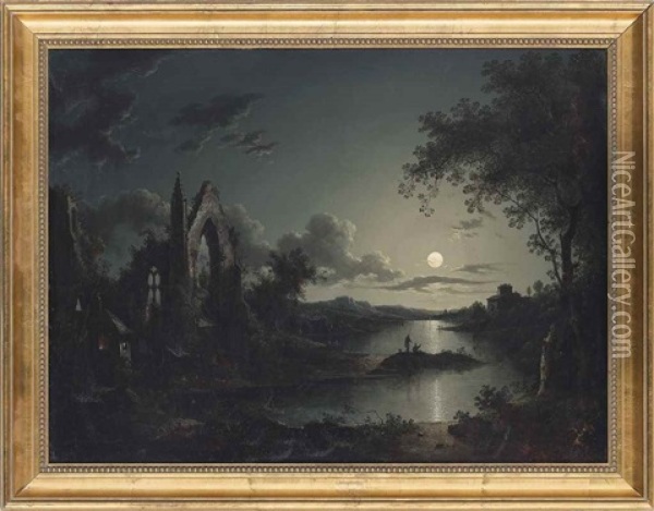 A Moonlit Lake Landscape With A Ruined Abbey And Fishermen On A Promontory, A Town Beyond Oil Painting - Sebastian Pether