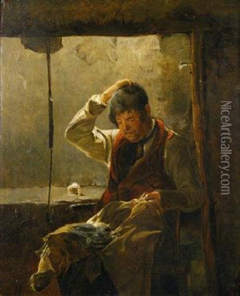 Interior With Man Mending Clothes Oil Painting - Erskine Nicol