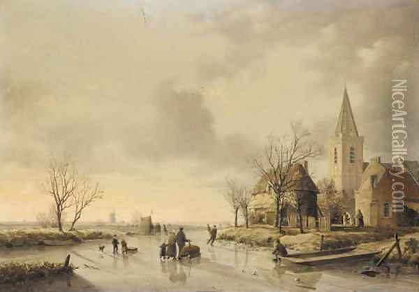 Skaters in a Dutch landscape Oil Painting - Joseph De Groot