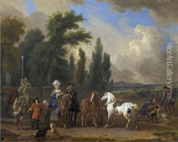 Jagdgesellschaft In Einer Landschaft Oil Painting - Dirk Maes