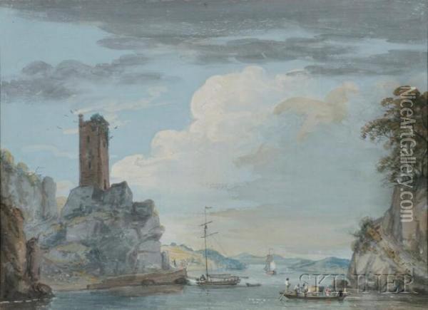 River Landscape With Ferry And Ruined Tower Oil Painting - Paul Sandby
