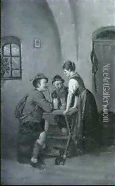 Schankmagd Mit Zwei Gasten In Der Wirtsstube Oil Painting - Adolf Luben