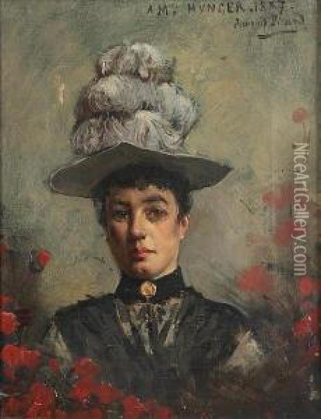 A Portrait Of A Lady In Black Wearing A Whitefeather Hat Oil Painting - Edmond Picard