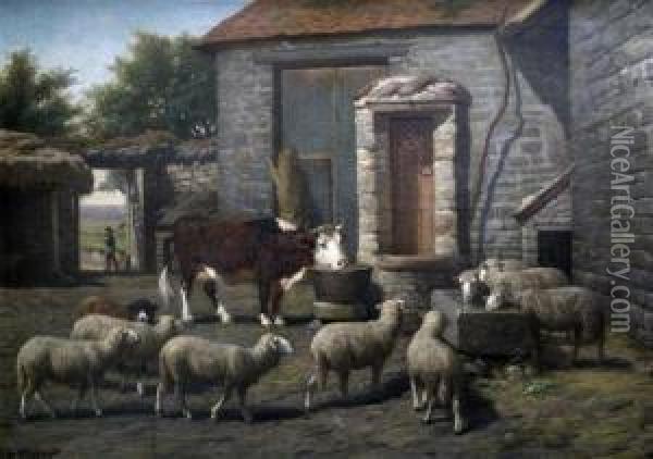 Sheep And Cattle In A Farmyard Oil Painting - Wilhem, Guillaume Wintz