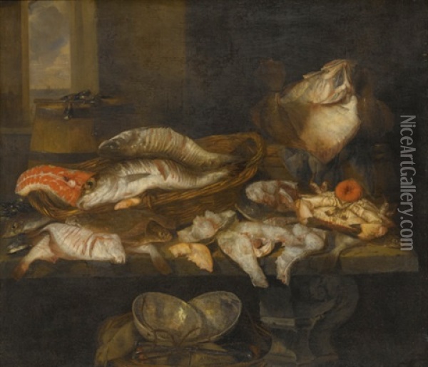 A Still Life With Salmon, Plaice, A Crab And Other Fish Arranged On A Table, A View Of The Sea Beyond Oil Painting - Abraham van Beyeren