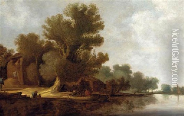 A Wooded River Landscape With Peasants By A Ferry Oil Painting - Salomon van Ruysdael