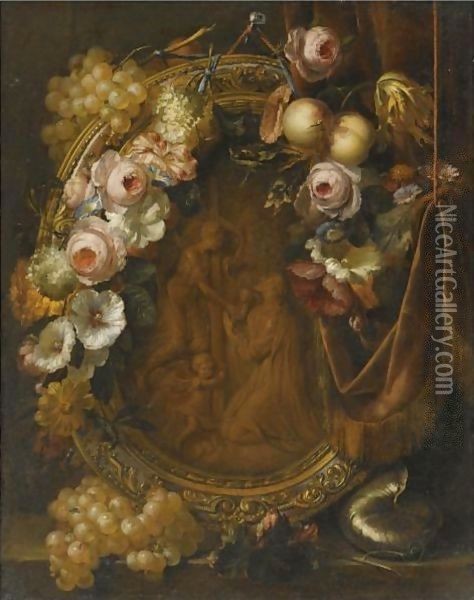 Still Life With A Garland Of Fruit And Flowers Adorning A Bronze Relief Of The Agony In The Garden Oil Painting - Heroman Van Der Mijn