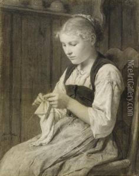 A Girl Knitting Oil Painting - Albert Anker
