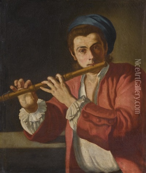 A Young Man Playing A Flute Oil Painting - Gaspare Traversi