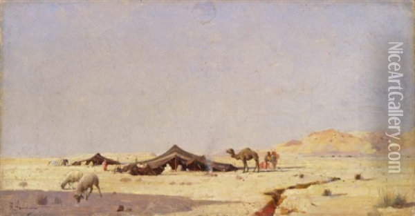 Beduinen In Zelten Mit Kamel Und Schafen In Der Wuste Oil Painting - Jacques Elie Abraham Hermanjat