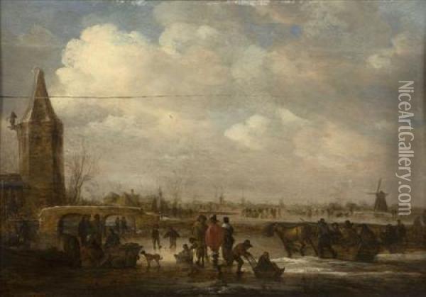 Figures On A Frozen River Near A Church Oil Painting - Willem Gillisz. Kool