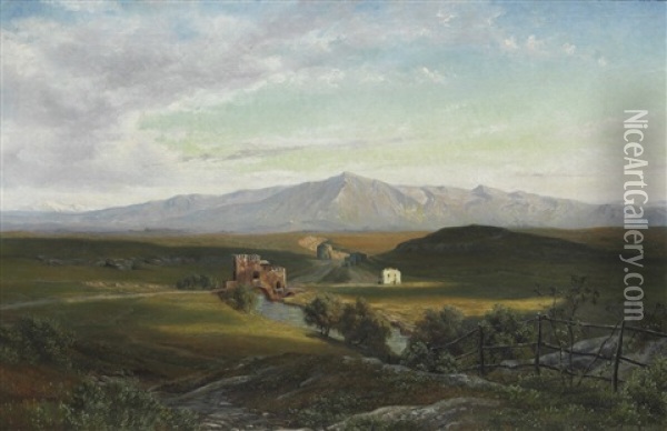 View From The Roman Campagna With A View Towards Ponte Nomentano Oil Painting - Thorald Laessoe