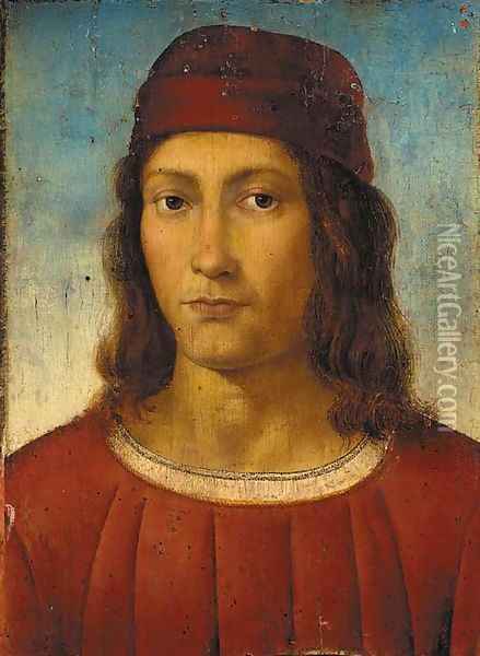 Portrait of a young man, bust-length, in a red tunic and pillbox hat Oil Painting - Pietro Vannucci Perugino