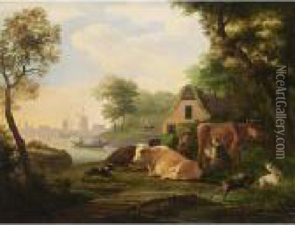 A River Landscape With A Maid 
Milking A Cow, A Shepherd And Their Herd In Front Of A Farm Oil Painting - Frans Swagers