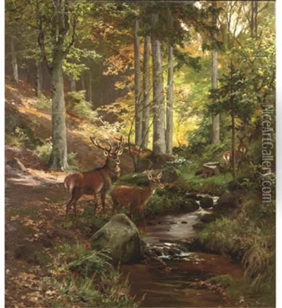 Stiller Wald: Wildlife In A Green Forest Oil Painting - Heinrich Boehmer