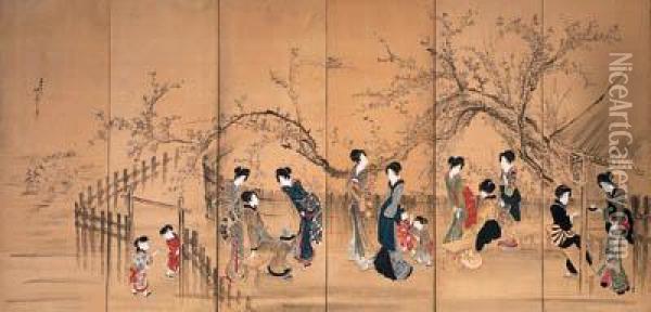 Beauties At A Teahouse Under A Flowering Plum Oil Painting - Hotei Gosei