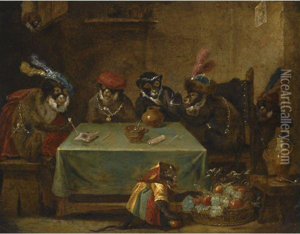 A Singerie With Monkeys Smoking At A Table Oil Painting - David The Younger Teniers
