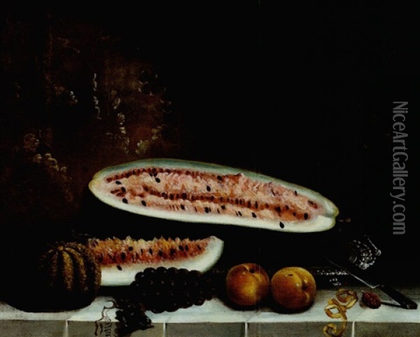 Still Life With Watermelon, Grapes And Peaches Oil Painting - Thomas Bangs Thorpe