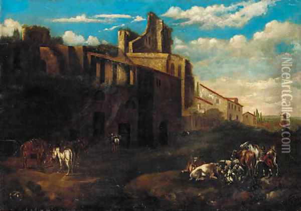 A traveller resting his livestock by a ruin Oil Painting - North-Italian School