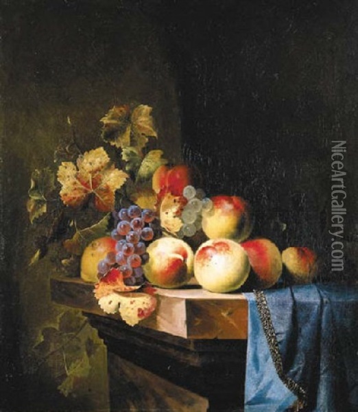 Peaches And Grapes On A Marble Ledge Oil Painting - Willem Van Aelst