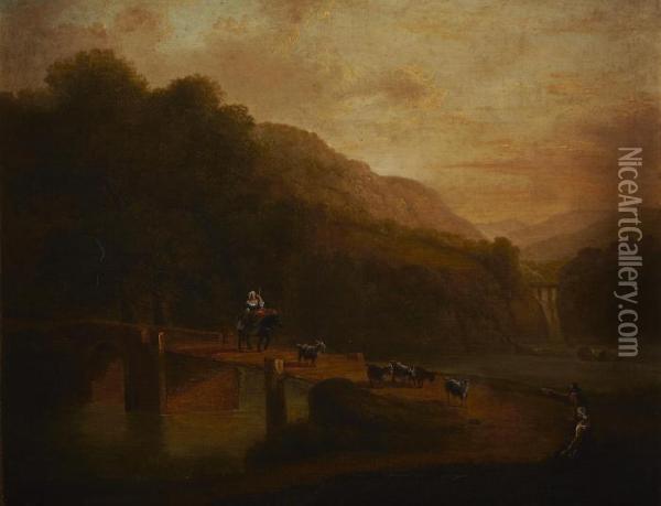 Herding Goats Across A Bridge Oil Painting - James Arthur O'Connor