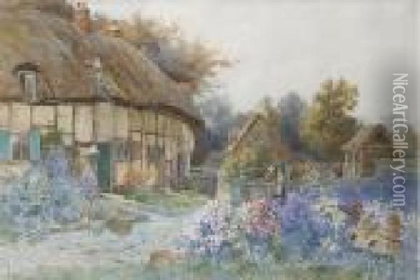 A Cottage Garden In Summer Watercolour Oil Painting - Richard Wane