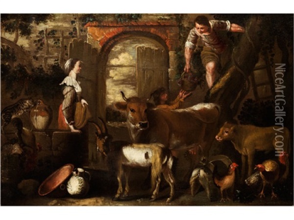 Italienische Szenerie Mit Hirten Beim Herabholen Von Trauben Oil Painting - Anton Maria Vassallo