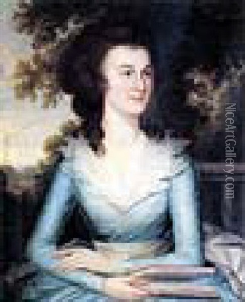 Portrait Of Hannah Porter Wearing A Light Blue Dress, Holding A Book, With A Landscape Beyond Oil Painting - Thomas Hickey