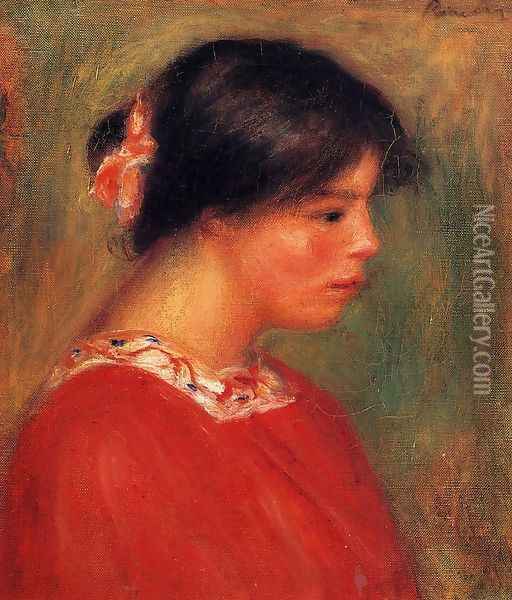 Head Of A Woman In Red Oil Painting - Pierre Auguste Renoir