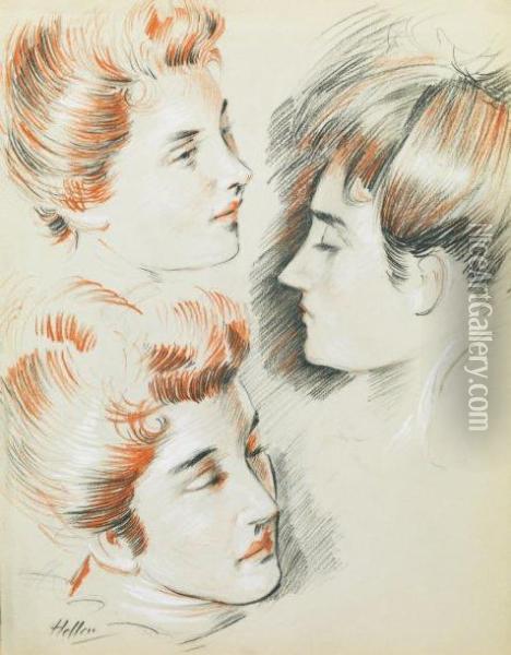 Trois Tetes De Femmes Oil Painting - Paul Cesar Helleu