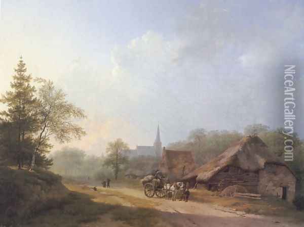 A Cart on a Country Road in Summertime Oil Painting - Barend Cornelis Koekkoek