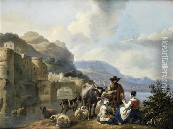 An Italianate Landscape With A Shepherd And His Flock On The Banks Of A River, A Walled Town In The Distance Oil Painting - Hendrick Mommers