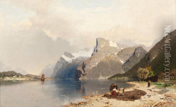 Fischer In Fjordlandschaft Oil Painting - Georg Anton Rasmussen