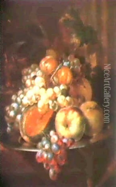 A Still Life Of A Melon, Peaches, Plums And Grapes.... Oil Painting - Herman van der Myn