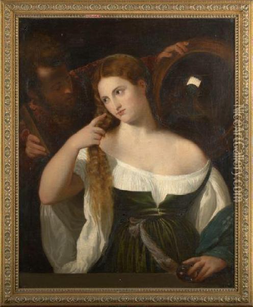 Woman With A 
Mirror Oil Painting - Tiziano Vecellio (Titian)