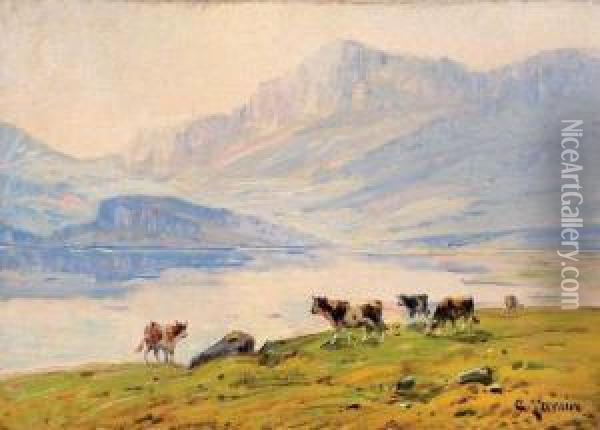 Vaches Au Bord Du Lac D'aiguebelette Oil Painting - Clovis Frederick Terraire