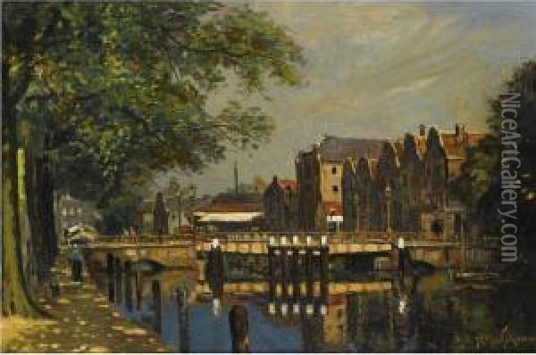 A View Of A Sunlit Canal In A Dutch Town Oil Painting - Adrianus Van Der Schouw