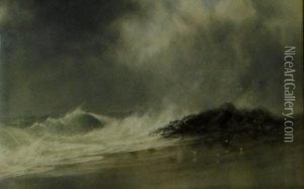 Scottish Coastal Scene, Breaking Surf Oil Painting - George Lowthian Hall