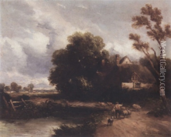 A Shepherd And His Flock By A Cottage Oil Painting - David Cox the Elder