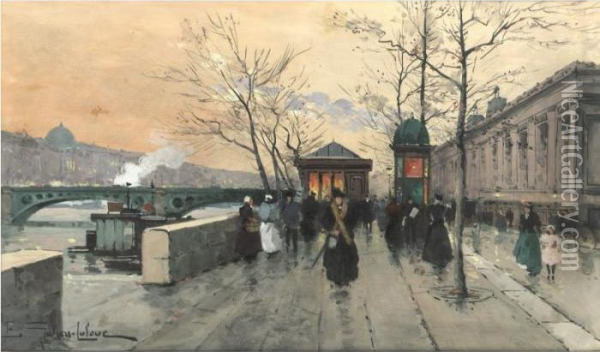 Le Louvre Et La Passerelle Des Arts Oil Painting - Eugene Galien-Laloue