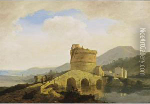 An Italianate Landscape With The Anio Bridge And The Memorial Of Plautii Oil Painting - Adriaen van Eemont
