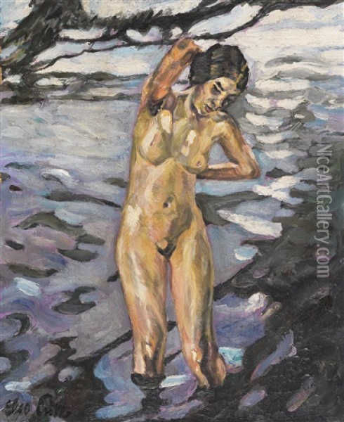 Badende, Stehender Weiblicher Akt Oil Painting - Leo Putz