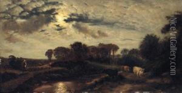 Cattle In A Moonlit River Landscape Oil Painting - Henry William Banks Davis, R.A.