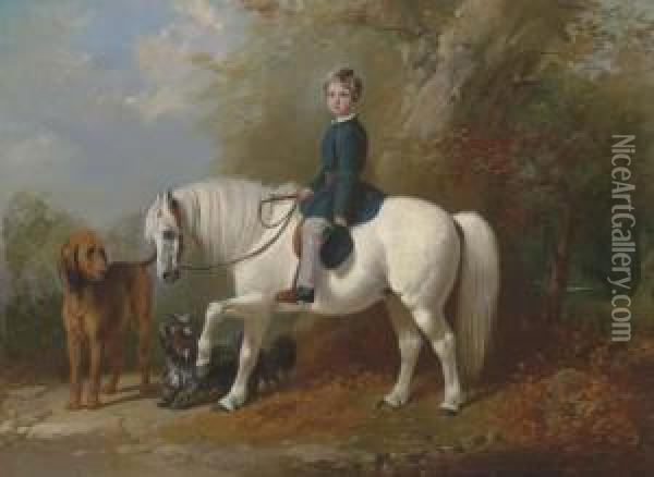 Master Beresford Lowndes On His Pony With Two Dogs At The Edge Of Awood Oil Painting - Henry Barraud